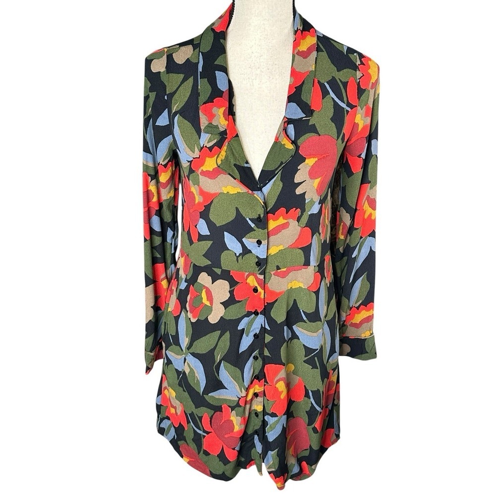 Zara Trafaluc Collection Floral Red Black Green Shirt Dress Button Down XS